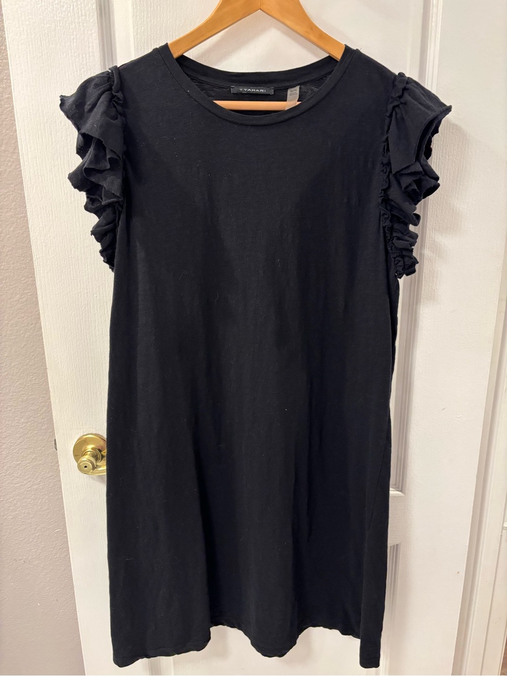 T Tahari Black Ruffle Sleeve Sheath Pima Cotton Dress